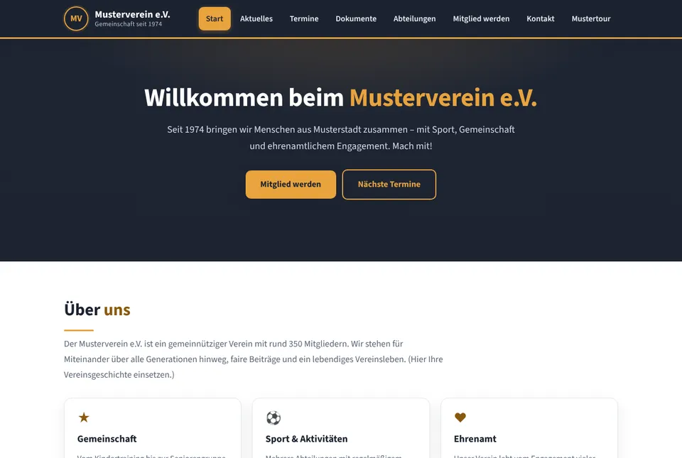 Vereins-Website im Design Klassik am Computer