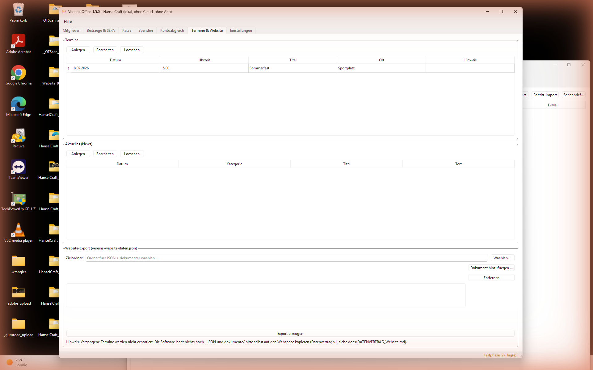 Vereins-Office: Reiter Termine & Website mit Website-Export