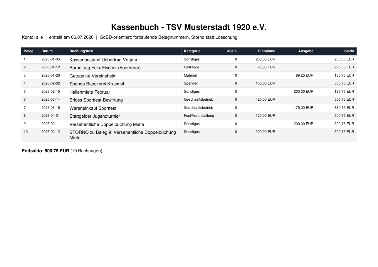 Vereins-Office: GoBD-Kassenbuch