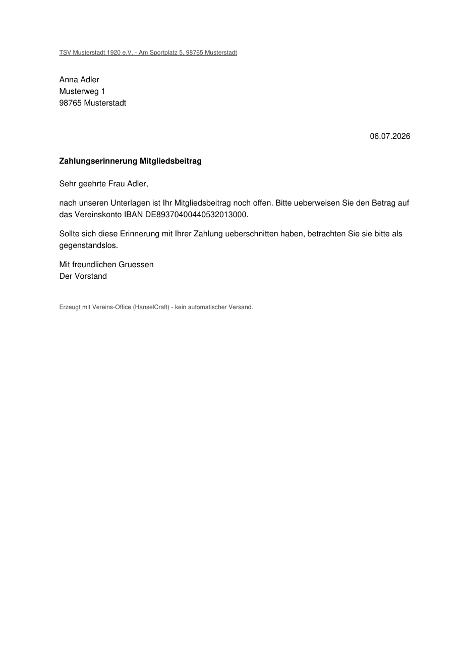 Vereins-Office: Serienbrief Zahlungserinnerung