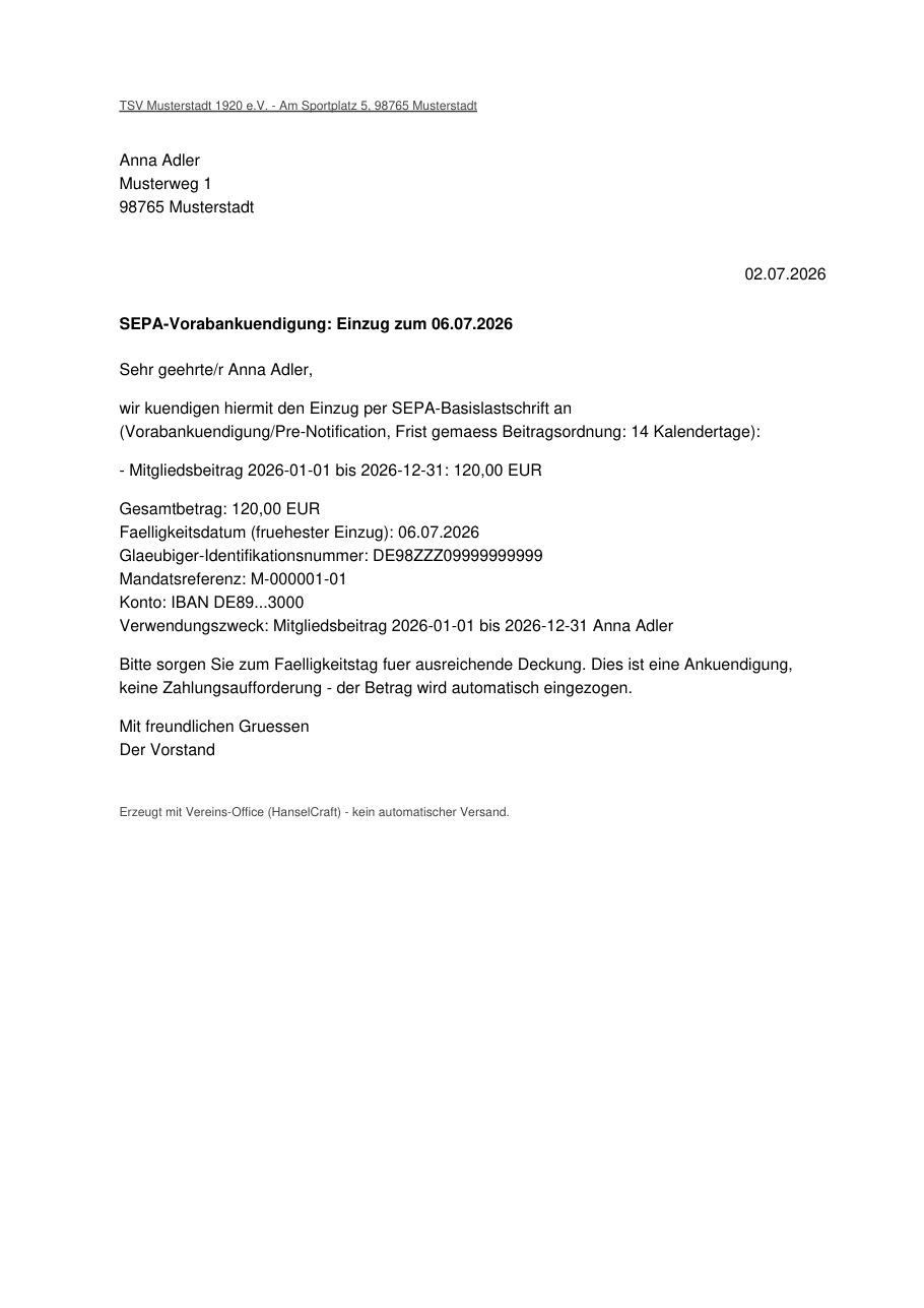 Vereins-Office: SEPA-Vorabankündigung (Pre-Notification)