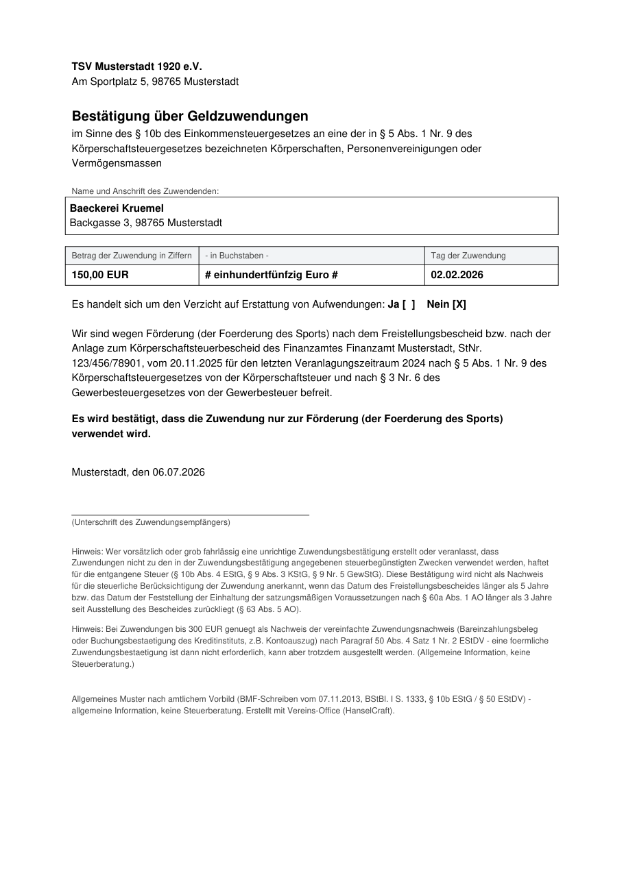 Vereins-Office: Zuwendungsbestätigung nach amtlichem Muster